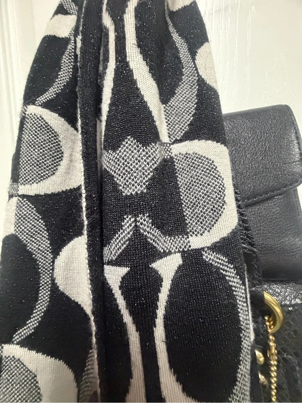 Black and White Women's Shoulder Bag with Patterned Scarf